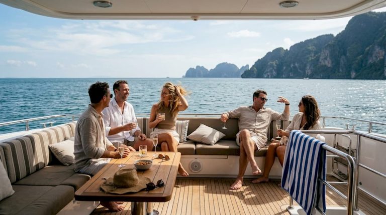 Group enjoying yacht party near Phuket cliffs