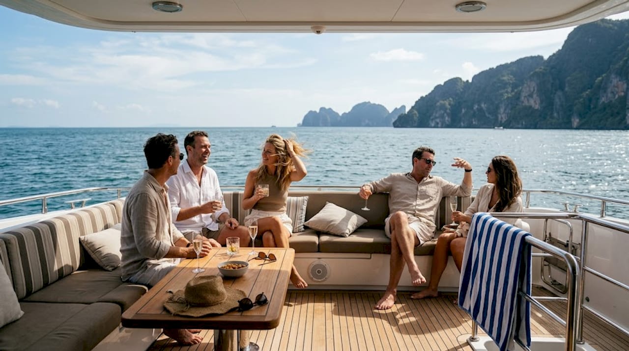 Group enjoying yacht party near Phuket cliffs