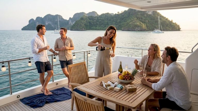 Guests laughing on luxury yacht deck in Phuket