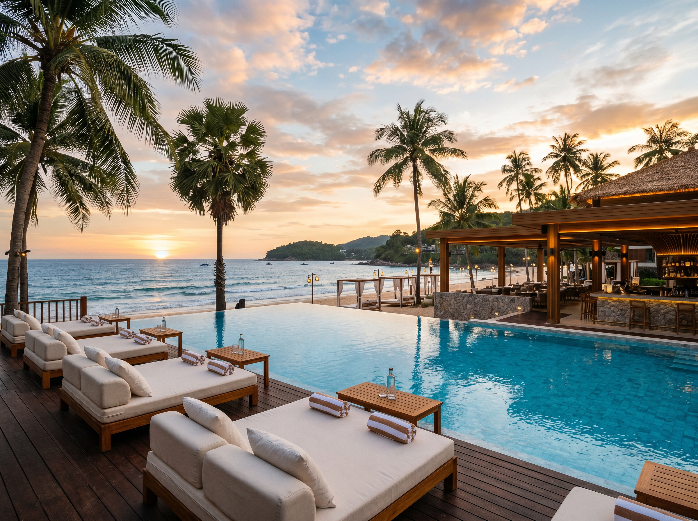 Café del Mar Phuket pool terrace at sunset with Kamala Beach in background