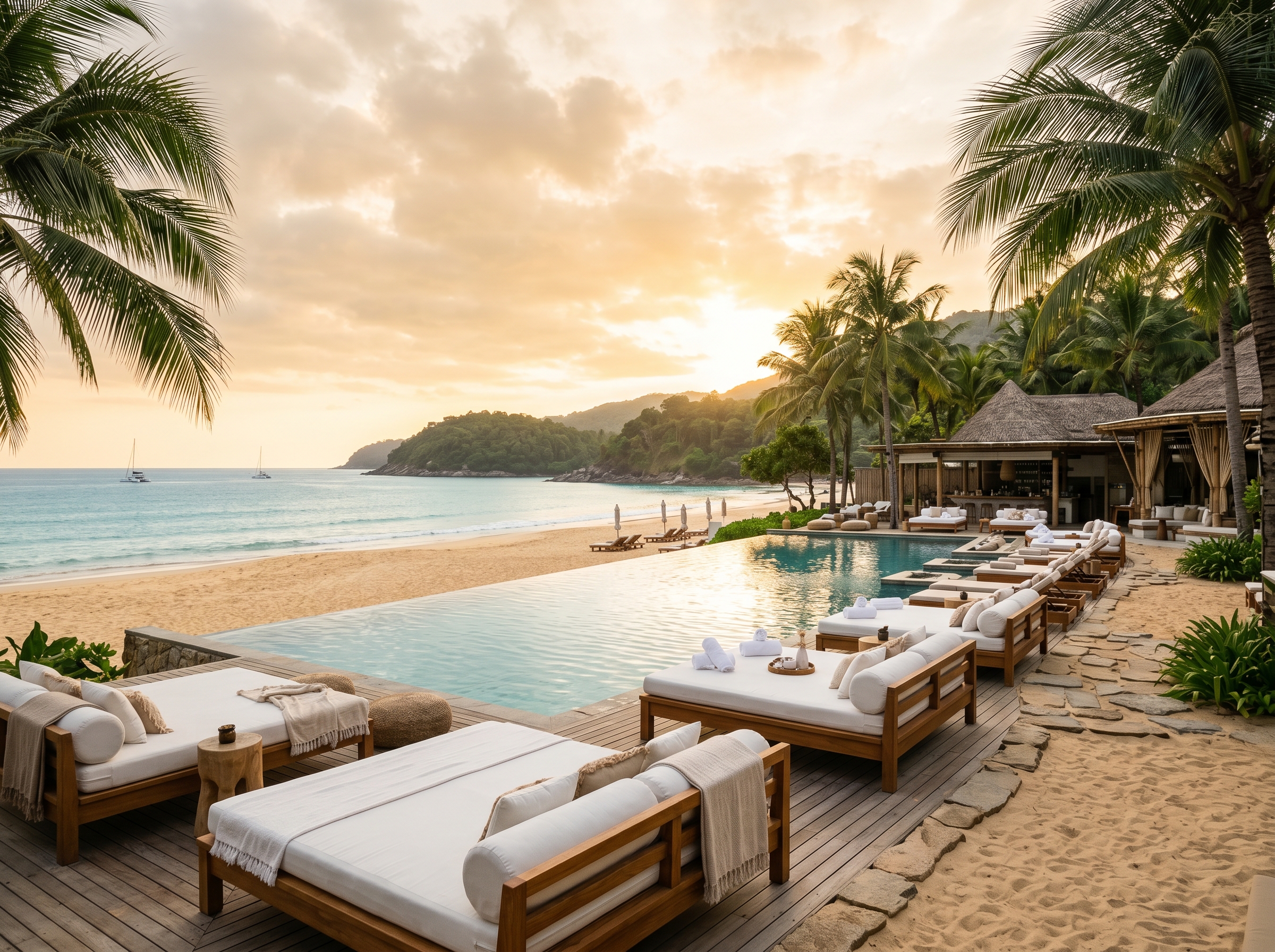 Maya Beach Club Phuket pool and beachfront evening show setup on Bang Tao
