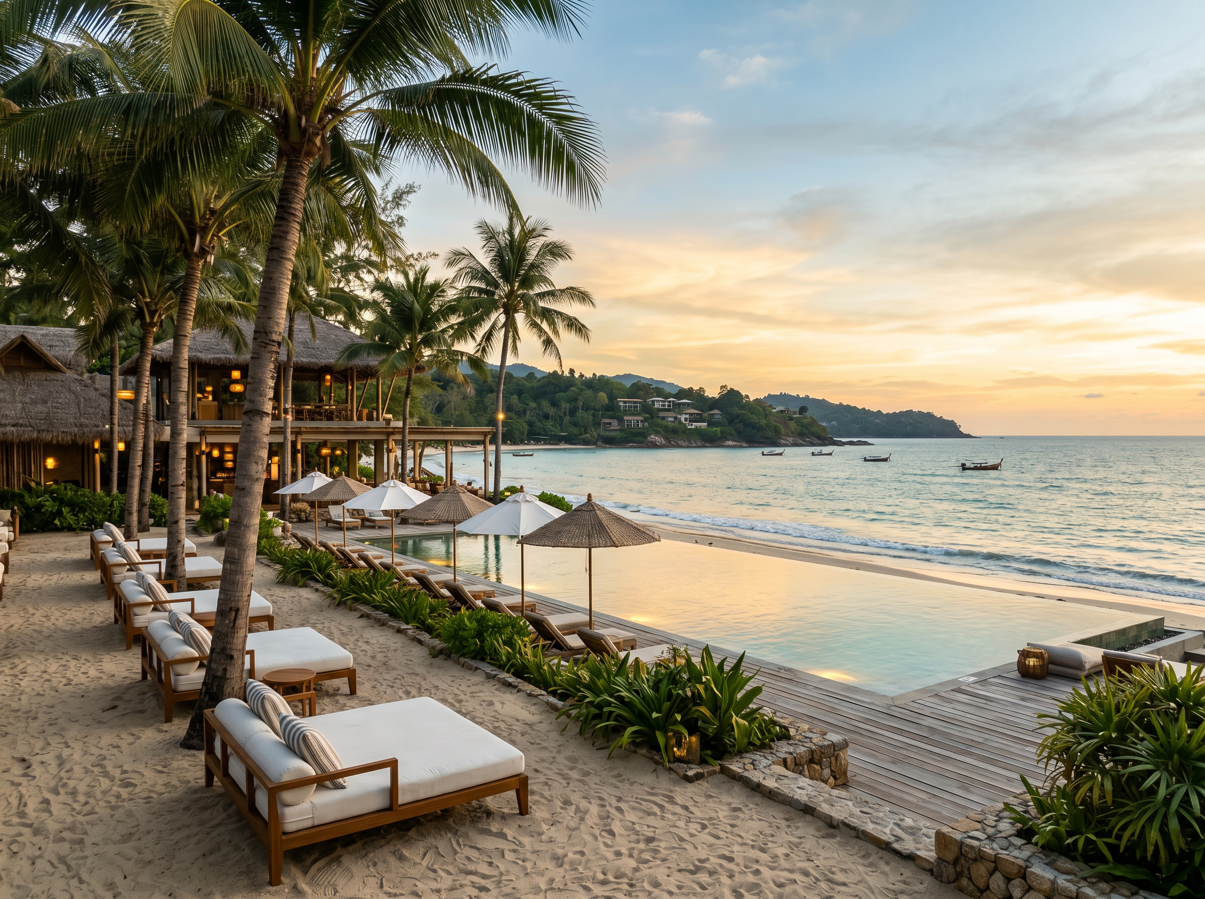 Nomad Beach Club Phuket beachfront fire show at sunset on Bang Tao Beach